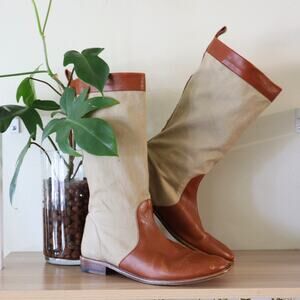 Vintage Women's Robert Clergerie Brown & Beige Leather Canvas Riding Boots sz 9